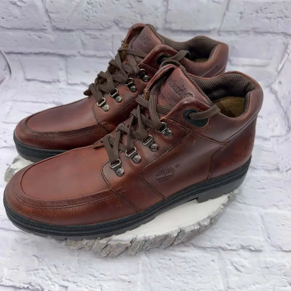 Vintage Mens Timberland All Leather Lug Boots Mahogany Brown Lace Up Size 13